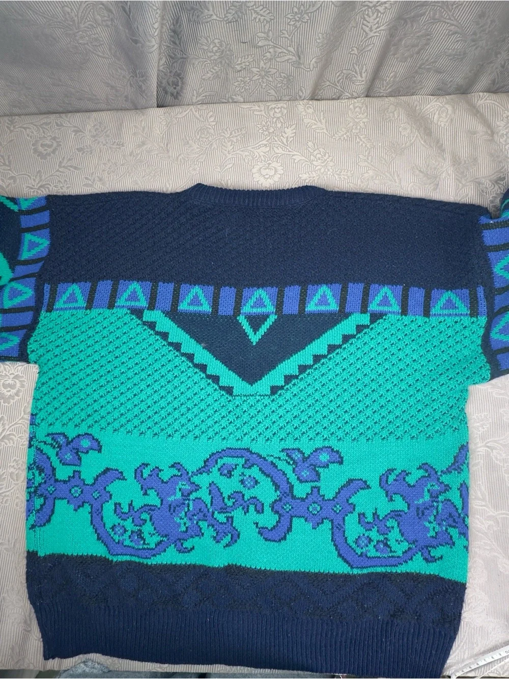 Vtg Robert Bruce Teal Navy Geo Print Long Sleeve Crewneck Sweater L